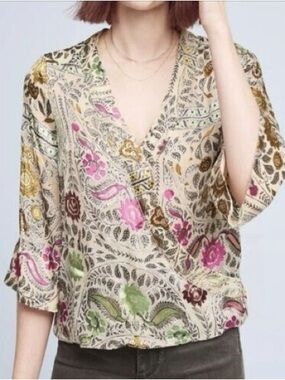 Anthropologie Floreat Japonica Floral Silk Blend Velvet Wrap Blouse